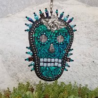 Skull in Blue Mosaic Garden Wind Spinner, Home and Garden Decor, Gardening Gift,