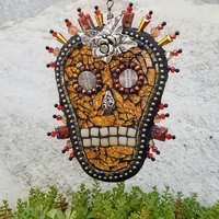 Skull in Gold Mosaic Garden Wind Spinner, Home and Garden Decor, Gardening Gift,