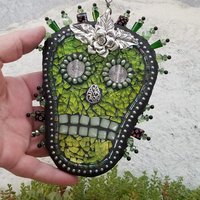 Skull in Green Mosaic Garden Wind Spinner, Home and Garden Decor, Gardening Gift,