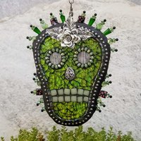 Skull in Green Mosaic Garden Wind Spinner, Home and Garden Decor, Gardening Gift,