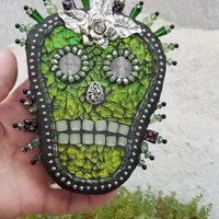 Skull in Green Mosaic Garden Wind Spinner, Home and Garden Decor, Gardening Gift,