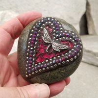 Garden Stone Paperweights, Secret Santa Stocking Stuffer, #4 Group Mosaic Heart and Rocks, Mosaic Garden Stone, Home Decor, Gardening, Gardening Gift,