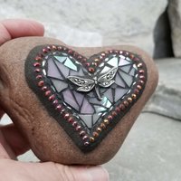 Garden Stone Paperweights, Secret Santa Stocking Stuffer, #2 Group Mosaic Heart and Rocks, Mosaic Garden Stone, Home Decor, Gardening, Gardening Gift,