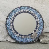 Seashells Mosaic Blue Mirror, Round Mosaic Mirror, Home Decor