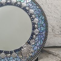 Seashells Mosaic Blue Mirror, Round Mosaic Mirror, Home Decor
