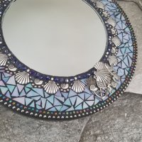 Seashells Mosaic Blue Mirror, Round Mosaic Mirror, Home Decor