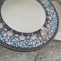 Seashells Mosaic Blue Mirror, Round Mosaic Mirror, Home Decor