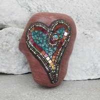 Red and Teal  Mosaic Heart Garden Stone, GardnerGift, Garden Decor
