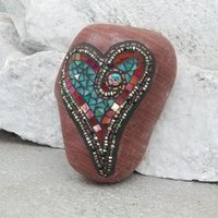 Red and Teal  Mosaic Heart Garden Stone, GardnerGift, Garden Decor