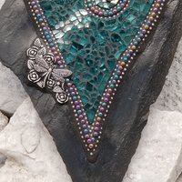 Unique Aquamarine Wall Hanging Heart, Mosaic Garden Stone, Porch Decor, Wall Decor, Dragonfly