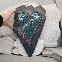 Unique Aquamarine Wall Hanging Heart, Mosaic Garden Stone, Porch Decor, Wall Decor, Dragonfly