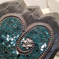 Unique Aquamarine Wall Hanging Heart, Mosaic Garden Stone, Porch Decor, Wall Decor, Dragonfly
