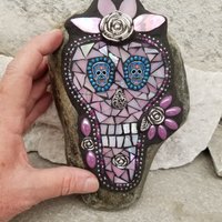 Iridescent Pink Dia de los Muertos / Day of the Dead / Skull Mosaic  / Garden Stone