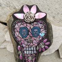 Iridescent Pink Dia de los Muertos / Day of the Dead / Skull Mosaic  / Garden Stone