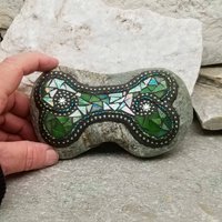 Iridescent Light Green Mosaic Dog Bone Garden Stone, GardnerGift, Garden Decor