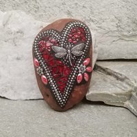 Red Dragonfly Heart, Mosaic Paperweight / Garden Stone