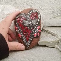Red Dragonfly Heart, Mosaic Paperweight / Garden Stone