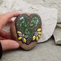 Iridescent Light Green Mosaic Heart Garden Stone, GardnerGift, Garden Decor