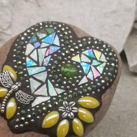 Iridescent Light Green Mosaic Heart Garden Stone, GardnerGift, Garden Decor