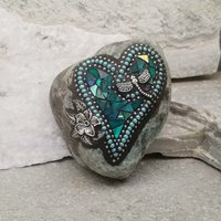 Iridescent Green Dragonfly Heart, Mosaic Paperweight / Garden Stone