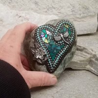 Iridescent Green Dragonfly Heart, Mosaic Paperweight / Garden Stone