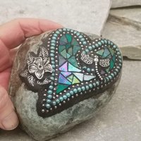 Iridescent Green Dragonfly Heart, Mosaic Paperweight / Garden Stone