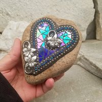 Iridescent Blue Heart, Mosaic Paperweight / Garden Stone