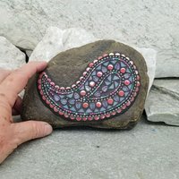 Paisley Iridescent Pink Mosaic, Mosaic Rock, Mosaic Garden Stone,