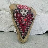 Dark Red Heart, Mosaic Garden Stone / Garden Decor