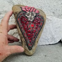 Dark Red Heart, Mosaic Garden Stone / Garden Decor
