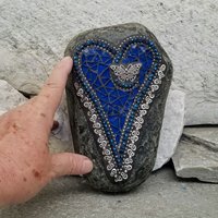 Cobalt Blue Heart with Butterflies, Garden Stone, Mosaic, Garden Decor