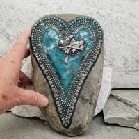 Teal Blue Heart with Birds and Dragonfly Wings, Garden Stone, Mosaic, Garden Decor