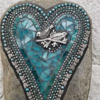 Teal Blue Heart with Birds and Dragonfly Wings, Garden Stone, Mosaic, Garden Decor