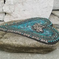 Teal Blue Heart with Birds and Dragonfly Wings, Garden Stone, Mosaic, Garden Decor