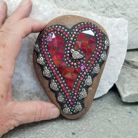 Iridescent Red Heart, Mosaic Paperweight / Garden Stone