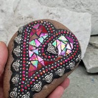 Iridescent Red Heart, Mosaic Paperweight / Garden Stone