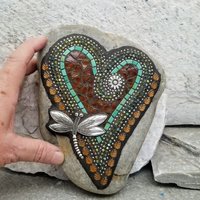 Dark Amber Heart with Dragonfly, Garden Stone, Mosaic, Garden Decor