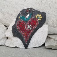 Blue Bird on a Red Heart, Wall Hanging Slate, Mosaic Garden Stone, Porch Decor, Wall Decor