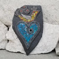 Yellow Bird on a Blue Heart, Wall Hanging Slate, Mosaic Garden Stone, Porch Decor, Wall Decor