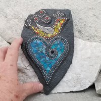 Yellow Bird on a Blue Heart, Wall Hanging Slate, Mosaic Garden Stone, Porch Decor, Wall Decor