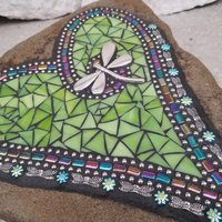Lime Green Heart with Dragonfly, Garden Stone, Mosaic, Garden Decor