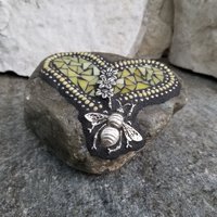 Iridescent Yellow Bee Heart, Mosaic Paperweight / Garden Stone