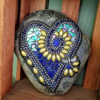 Iridescent Dark Blue Mosaic Heart Garden Stone, Mosaic Garden Decor Yellow Flowers