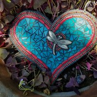 Teal and Red Wall Hanging Heart, Mosaic / Porch Decor, Wall Decor