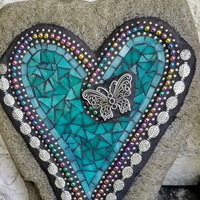 Teal Heart -Mosaic / Garden Stone, Butterfly