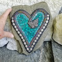 Teal Heart -Mosaic / Garden Stone, Butterfly