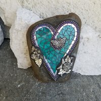 Teal Mosaic Heart Garden Stone, Mosaic Garden Decor