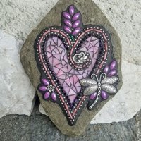 Pink and Purple Flower Mosaic Heart, Garden Stone, Garden Decor