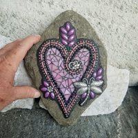 Pink and Purple Flower Mosaic Heart, Garden Stone, Garden Decor