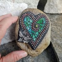 Teal Green Heart Garden Stone, Mosaic, Garden Decor Paperweight